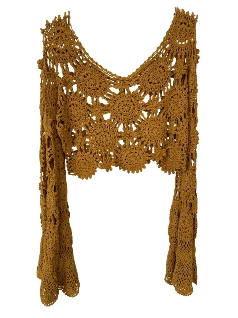 Free People Sunchaser Crochet Top Large Long Bell Sleeve Golden Rod Hippie Chic